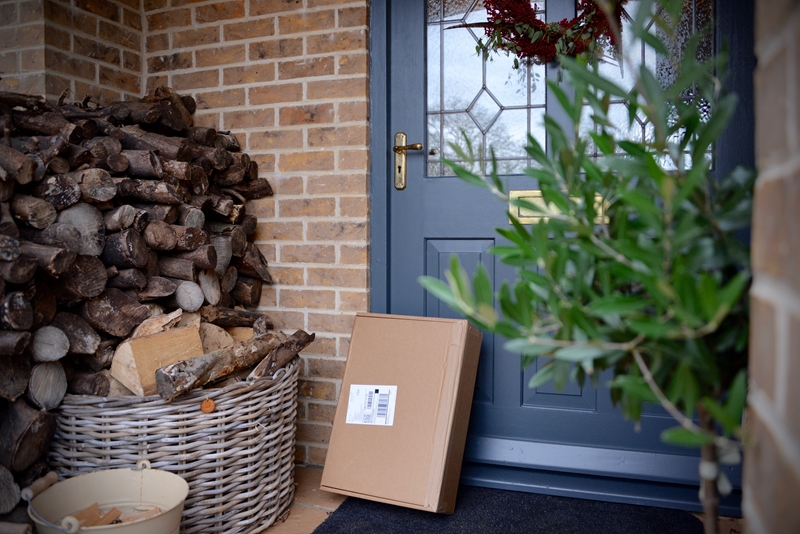 A package leaning on the front door of a house