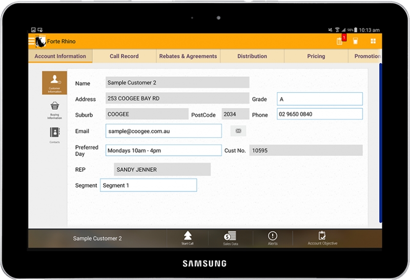 Rhino's Call Card function keeps reps up to date with customer information.